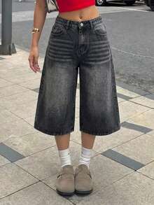 Teen Girls Blue Denim Loose Wide Leg Pants - Black - View 3