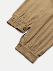 SHEIN LUNE CURVE Blus Longgar Kasual Elegan Linen Leher V Terbuka Wanita Ukuran Besar untuk Acara Formal Musim Gugur Khaki - Khaki - View 5