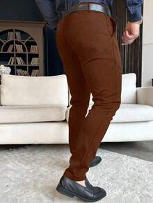 Calvornis 男士純色口袋休閒通勤西裝長褲 - 咖啡棕 - 查看 2