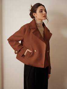 Aveloria Modichic Casual Solid Color Double-Breasted Cropped Jacket, Autumn/Winter  - Brown - View 3