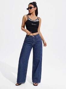 SHEIN PETITE بنطلون جينز نسائي بساق مستقيمة بأسلوب Y2K - أزرق غامق - مشاهدة 5