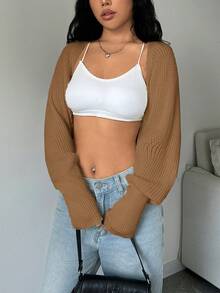 Flirla Cardigan Wanita Warna Polos Kasual Serbaguna untuk Pemakaian Sehari-hari - Khaki - View 7