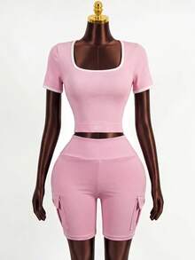Zolique Pink Solid Color Cargo Sports Shorts, Women's Activewear, Casual Summer Going Out Outfits - Pink - View 2