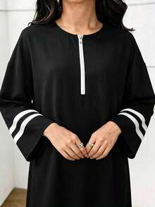 Mulvari Women's Black & White Color Block Casual Loose Fit Pullover Long Sweatshirt Dress - Black - View 8