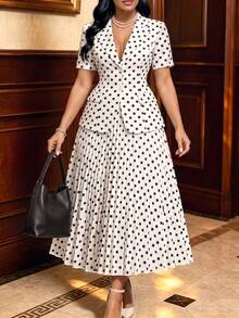 Auvina Women's Plus Size 2-Piece Set Polka Dot Print Notch Lapel Knit Elastic Waist Short Sleeve Blazer Pleated Skirt Elegant Slimming Commute Bestie Party Afternoon Tea Cocktail Black & White Polka Dot Blazer Set - Black and White - View 1