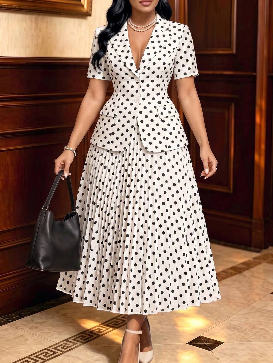 Auvina Women's Plus Size 2-Piece Set Polka Dot Print Notch Lapel Knit Elastic Waist Short Sleeve Blazer Pleated Skirt Elegant Slimming Commute Bestie Party Afternoon Tea Cocktail Black & White Polka Dot Blazer Set - Black and White - View 1