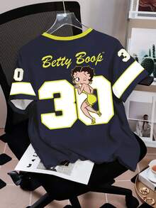 Betty Boop x SHEIN 女款字母卡通印花休閒日常短袖T恤 - 白色 - 查看 2