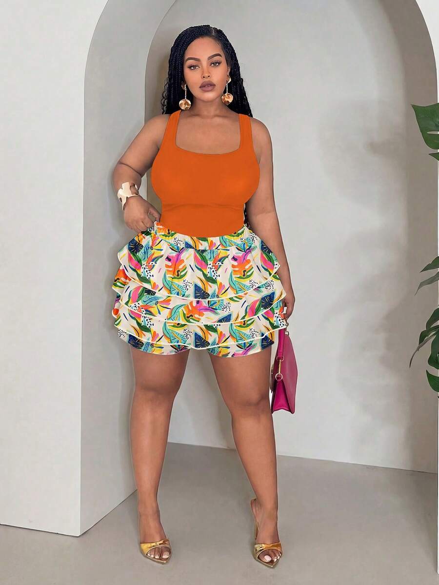 Slaydiva Women's Plus Size 2pcs Orange Summer Boho Beach Vacation Holiday Set,Slim Cropped Tank Top And Loose Layered Ruffle Trim Floral Shorts Outfit Beige - Multicolor - View 1