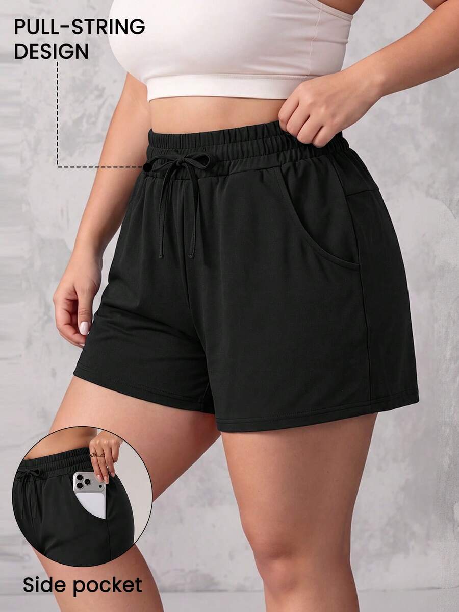 SHEIN Unity Plus Size Women Solid Color Drawstring Waist Casual Versatile Daily Shorts - Black - View 1