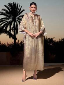 Al Najma 女士宽松V领蝙蝠袖流苏设计阿拉伯风格连衣裙 - 粉色 - 查看 3