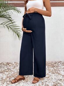 SHEIN Maternity Solid Color Casual Versatile Everyday Long Pants - Navy Blue - View 7