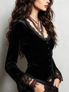 SHEIN 2026 New Women's Elegant Fashion Lace Patchwork Button Decor Top Velvet Jacket - Black - View 3