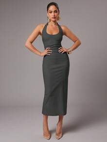 Silquee Women's Spring/Summer Solid Dark Grey Halter Neck Backless Dress Night Out Date Night Sexy - Grey - View 3