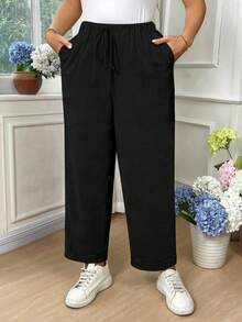 EMERY ROSE Plus Size Women's Solid Color Casual Fold-Over Ankle Pants Fall - Black - View 3