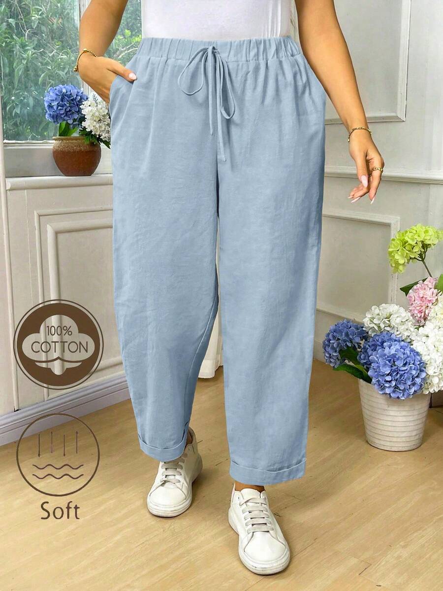 EMERY ROSE Plus Size Women's Cotton Solid Color Waist Tie Pocket Casual Tapered Pants Fall - Baby Blue - View 1
