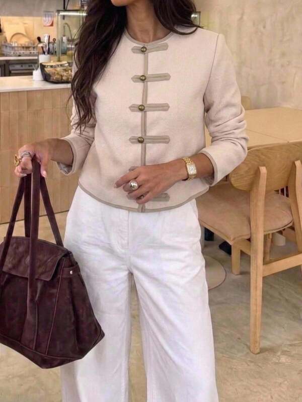 Aloruh Women's Elegant Round Neck Metal Button Decor Slim Fit Waist-Cinching Napoleon Short Jacket