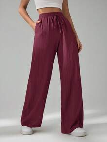 SHEIN Tall 女款休閒百搭純色直筒長褲 - 酒紅色 - 查看 4