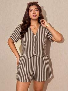 Melodosi Plus Size Striped Single-Breasted Shirt And Casual Shorts 2 Pieces Set - Multicolor - View 5