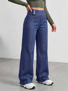 Flexra Women's Straight Leg Denim Jeans With Waist Button Design And Pockets Night Holiday Dark Blue Summer Casual - Blue - View 7