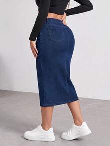 Flexra Women's Casual Washed Slit Slim Fit Denim Skirt Office Navy Blue Autumn - Blue - View 2