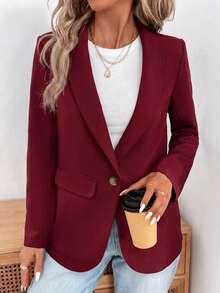 SHEIN LUNE 2024秋冬新款灰綠色女款收腰鈕扣西裝外套，休閒風 - 中紫紅色 - 查看 8