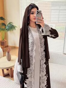 Al Najma 女款優雅日常蕾絲拼接寬鬆修身刺繡穆斯林時尚拼接長袍 - 棕色 - 查看 7