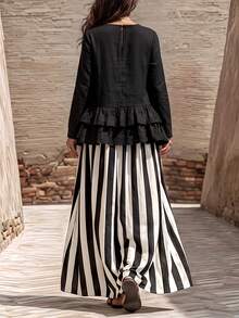 Linhara CURVE Women's Solid Black Ruffle Long Sleeve Blouse & Striped Skirt Casual 2-Piece Set - Black - View 2