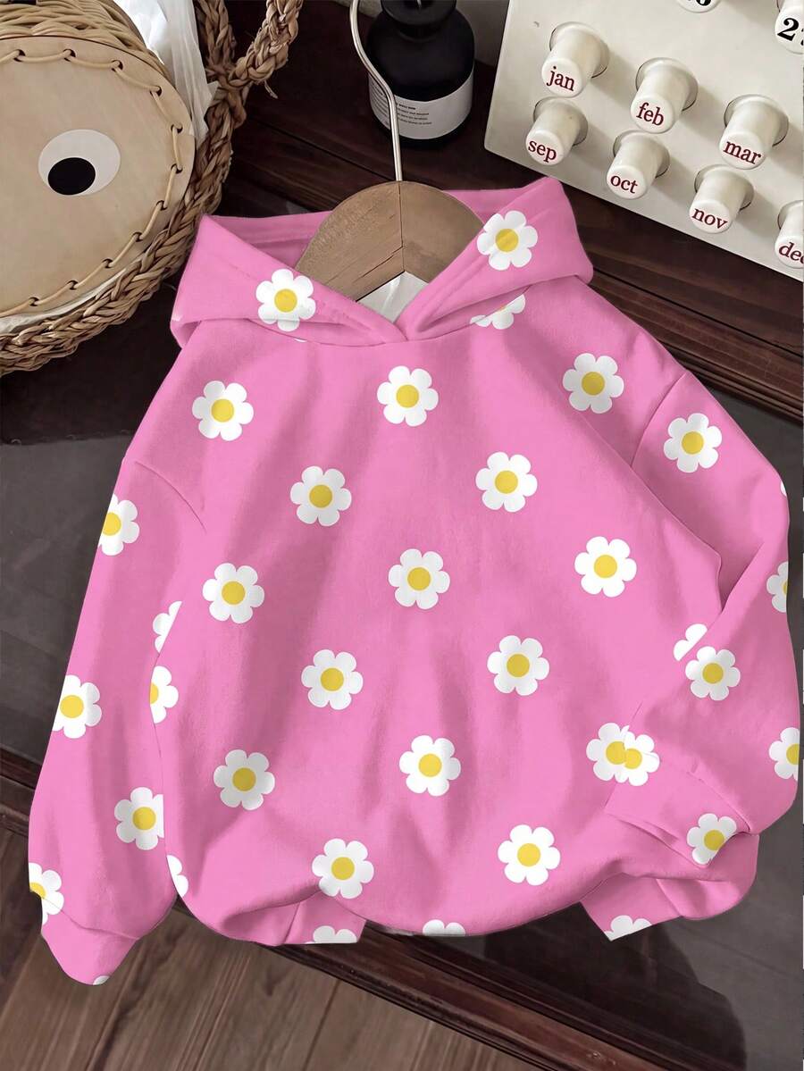 SHEIN EZwear 休閒可愛極簡風粉色花卉蛋花印花女款運動衫,秋季清新學院風,開學季、度假旅行、派對、教師穿搭 - 彩色 - 查看 1