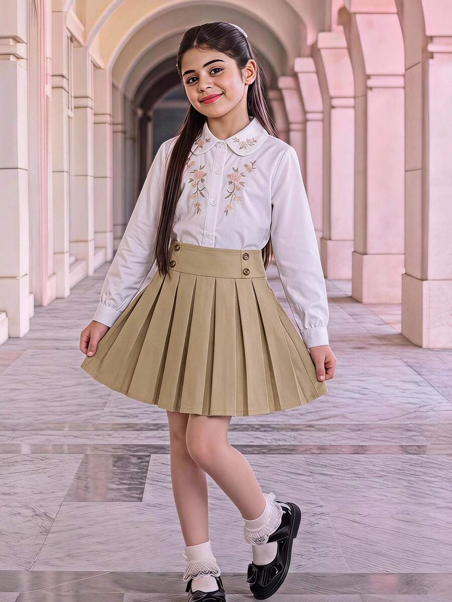 女童少女時尚百搭梭織純色百褶修身休閒裙 開學季 - 杏色 - 查看 1