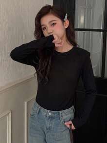 DAZY Tween Girl Round Neck Loose Casual Thermal Lined Long Sleeve Basic Pullover Inner Layer Top Autumn/Winter T-Shirt - Black - View 6