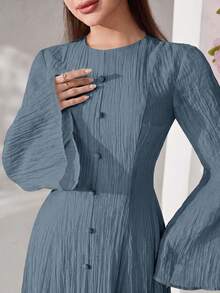 Modelyn 女款素色休閒優雅端莊派對早午餐茶會洋裝 灰藍色 秋冬 - 藍色 - 查看 6