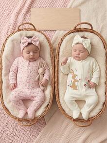 SHEIN 女嬰可愛休閒針織卡通兔子圖案長袖居家服連身褲2件套 - 粉色 - 查看 1