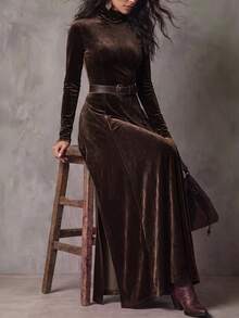 LUMIGAL Women's Round Neck Cinched Waist Split Hem Brown Faux Suede Bohemian Dress, Elegant Commuter Style For Spring And Autumn - Brown - View 4