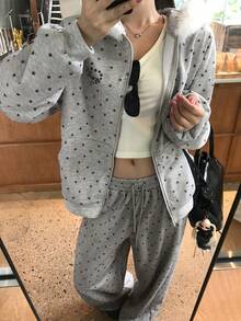 DAZY Women's All-Over Floral Print Long Sleeve Sweatshirt And Loose Long Pants, Casual Street Style Korean Two Pieces Set Fall - Grey - View 4