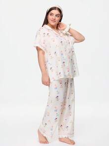 Bonmuse Funny Cartoon Print Short Sleeve & Pants Pajama Set, Plus Size - Multicolor - View 5