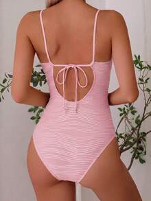Baju Renang Wanita Model Terusan dengan Kain Bertekstur Warna Polos, Model Mengumpulkan dan Mengikat di Belakang, Pakaian Pantai untuk Liburan Musim Panas - Baby Pink - View 2