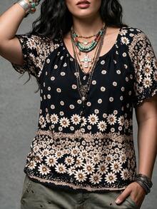 Ceyna 大码女式法式简约休闲印花短袖衬衫，夏季女式衬衫，适合夏季休闲穿搭，女式衬衫，夏季女式休闲上衣 - 黑色 - 查看 2