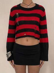 SHEIN EZwear Striped Vintage Style Bell Sleeve Sweater In Fall/Winter - Multicolor - View 2