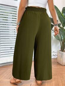 SHEIN VCAY Plus Size Solid Color Elastic Waist Elegant Lace Patchwork Pants - Olive Green - View 2