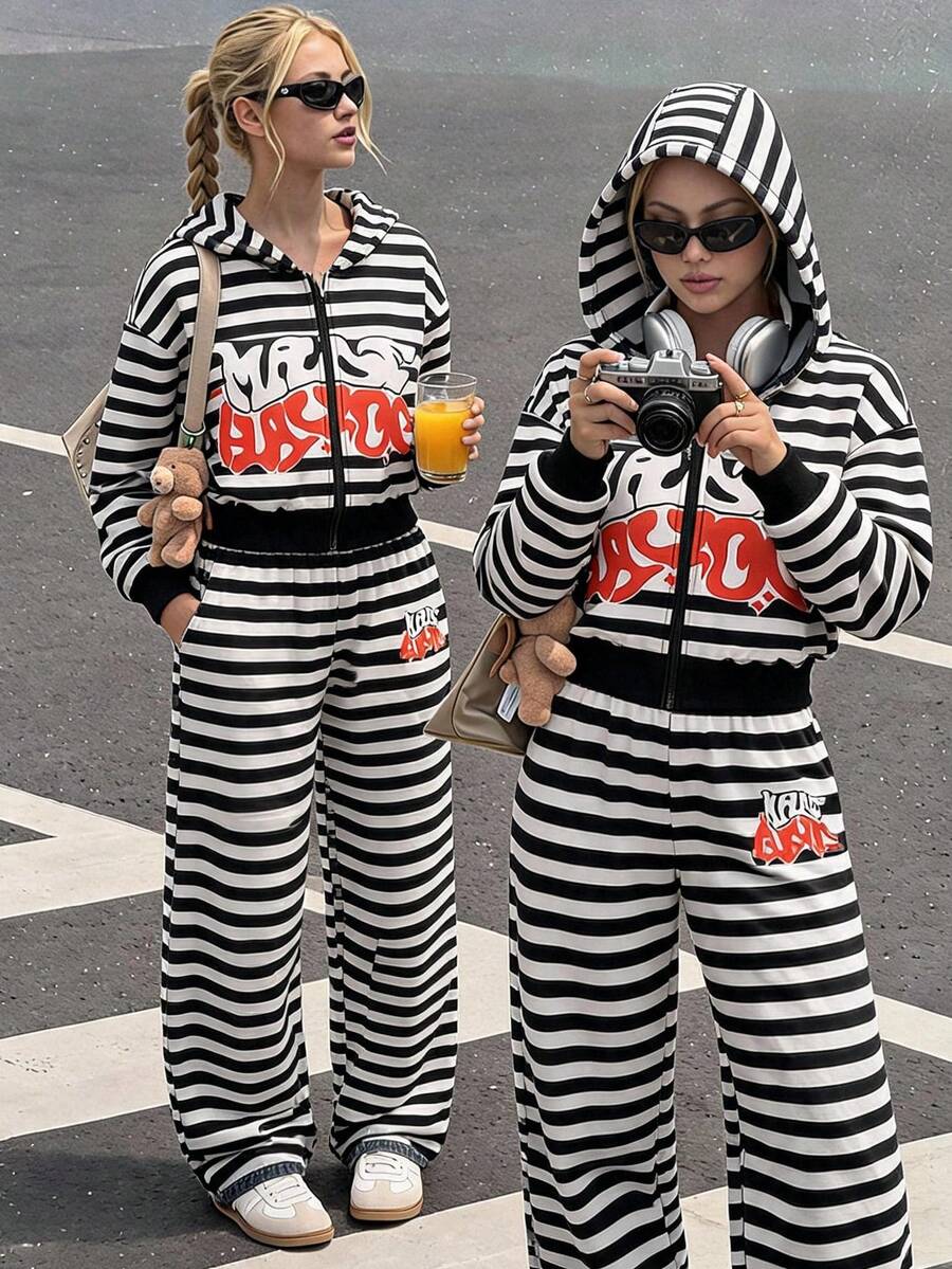 SHEIN 女童休閒舒適街頭風連帽長袖拉鍊上衣 中腰鬆緊腰長褲 數位印花黑白配色 白色秋季套裝 - 黑色 - 查看 1