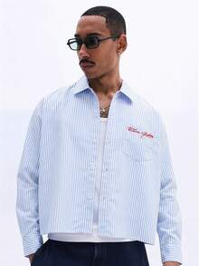 SUMWON Men Striped Button-Up Cropped Shirt With Chest Pocket Script Embroidery Long Sleeve Casual Summer Overshirt - Blue - View 1