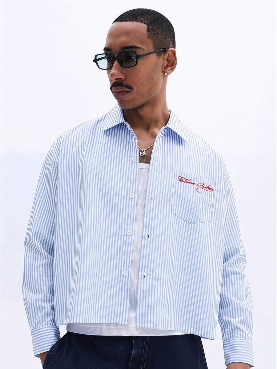 SUMWON Men Striped Button-Up Cropped Shirt With Chest Pocket Script Embroidery Long Sleeve Casual Summer Overshirt - Blue - View 1