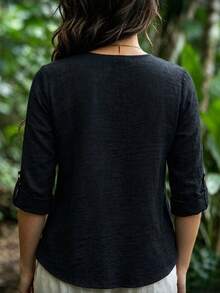 EMERY ROSE Women's Plus Size Casual Bohemian V-Neck Patchwork Lace Long Sleeve Blouse, Suitable For Commuting, Outings And Daily Wear Fall - Black - View 2