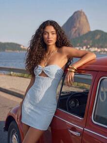 CAJUNI Women's Solid Color Textured Metal Decor Pleated Strapless Sexy Elegant Tropical Mini Dress Vacation Night Out Baby Blue Summer - Baby Blue - View 5