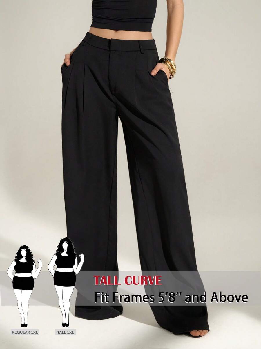 SHEIN Tall CURVE بنطلون كاجوال شارع مقاس كبير بلون موحد مع جيوب مطوية، متعدد الاستخدامات للارتداء اليومي - الأسود - مشاهدة 1