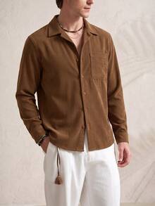 TONEVAULT Men's Fashion Versatile Pocket Single-Breasted Long Sleeve Shirt - Coffee Brown - View 3