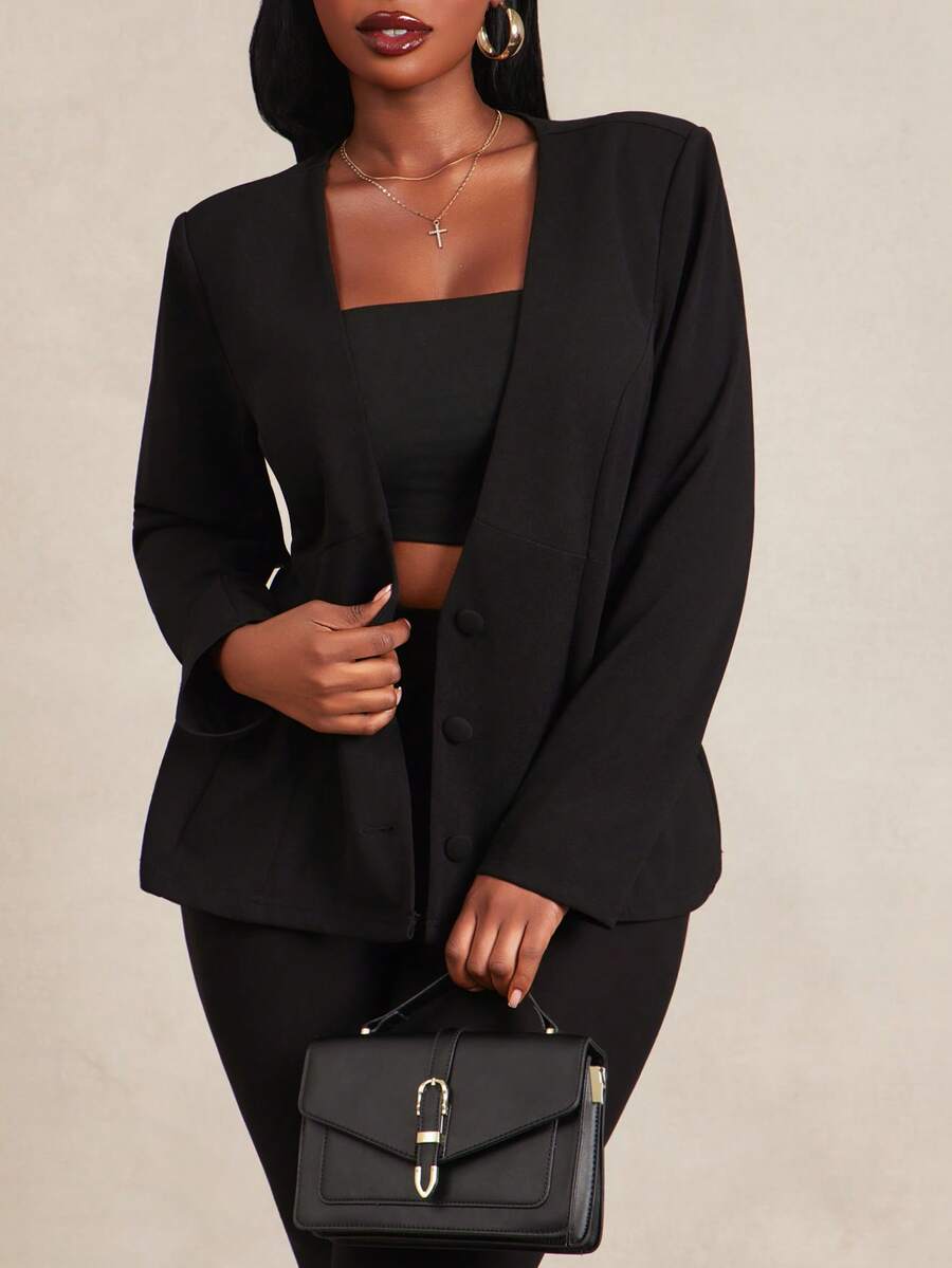Radiana Plus Size Women's Summer Deep V-Neck Minimalist Casual Elegant Basic Fitted Elastic Fabric Blazer Suitable For Commuting Office Business Formal Black - Black - View 1