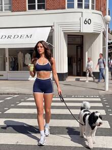 Gameset SHEIN Sport Women's Minimalist Athleisure Active Halter Tie Tank Top And Navy Blue And White Contrast Color Shorts Sports Set Gym Workout Summer - Navy Blue - View 7