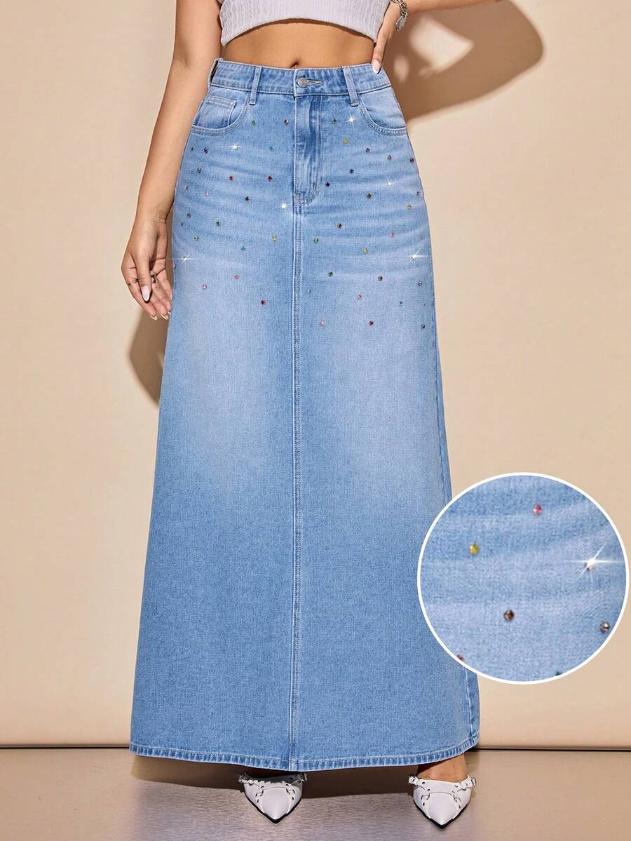 SHEIN 女款戶外時尚水鑽淺藍色牛仔裙,秋季日間度假休閒街頭風 - 淺色水洗藍 - 查看 1