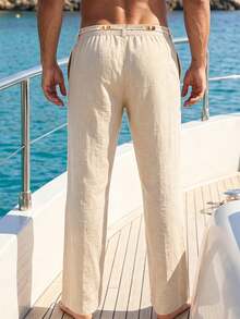 Manfinity Swimmode 男士純色休閒百搭日常旅行長褲，附口袋 - 卡其色 - 查看 2